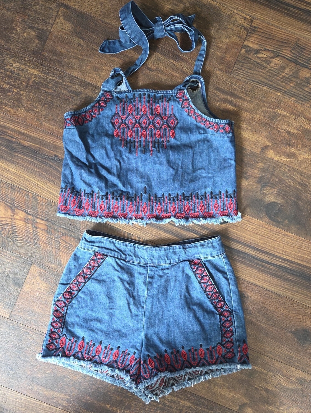Blank NYC Embroidered Denim Halter Crop Top & Shorts Set - Blue